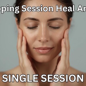 May include: A woman with closed eyes gently touches her face with both hands. The image has text that reads "EFT Tapping Session Heal Any Issue" and "SINGLE SESSION" in white font. The background is a solid, light gray color.
