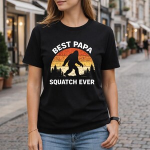 Best Papa Squatch Ever T-Shirt, Funny Bigfoot Dad Gift, Sasquatch Legend Outdoors Sunset Humor Graphic Tee