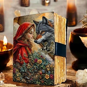 Könnte beinhalten: Ein dekoratives Tagebuch mit Fantasy-Thema. Das Cover zeigt eine detaillierte Illustration von Rotkäppchen und einem Wolf. Das Tagebuch hat Seiten im Used-Look, einen schwarzen Lederriemen und einen Metallverschluss. Das Kunstwerk umfasst Blumen und Blätter.