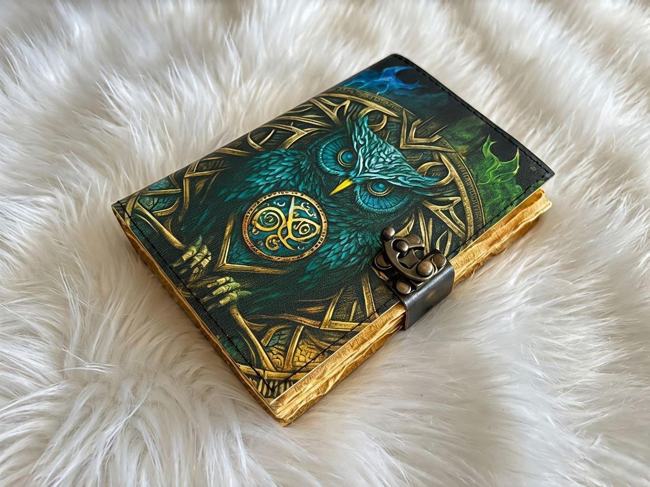 Handcrafted Leather owl Journal Grimoire, Spellbook of Shadows, unique c clasp lock, antique deckle 