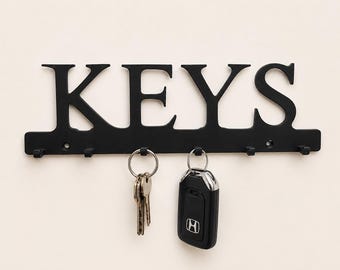 "KEYS" Wall Key Holder in Black PLA, 25 cm | 3D Printed Key Organizer | Modern Minimalist Design with Screw Holes