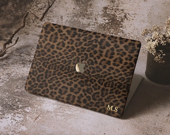 Ocelot Print Leather MacBook Neo Case with Gold Foil Name, Personalized Hard Shell Cover for  Air 15/13 & Pro 16/14 Inch M5 M4 M3 M2