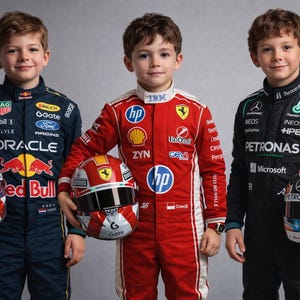 Puede incluir: Tres niños vestidos con trajes de carreras y sosteniendo cascos. Los trajes son azul marino, rojo y negro, cada uno con logotipos de patrocinadores. Los cascos presentan la marca y los colores del equipo, incluyendo Red Bull, Ferrari y Mercedes.