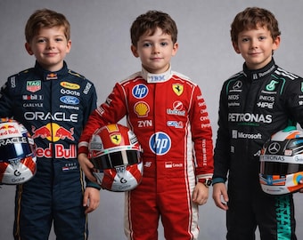 Kids and Adults Formula 1 Suits of Famous Racers with Matching Gloves, Caps and Shoes Available - Free Customizable with your Name, Flag etc