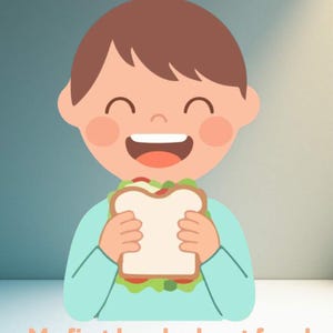 May include: Illustration of a smiling cartoon child holding a sandwich. The child has brown hair, rosy cheeks, and is wearing a light blue shirt. The book title "My first book about food" is displayed in orange text, with the subtitle "An activity book for very young kids".