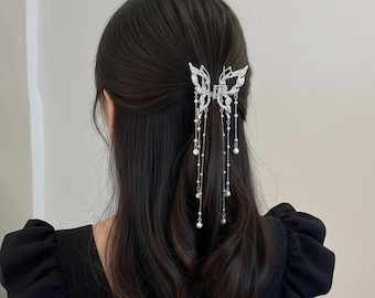Silver Plated Butterfly Hair Clip, Long Pearl Tassel, Elegant Wedding Hair Accessories, Coquitte Aesthetic Fairy Style Metal Hair Jewelry