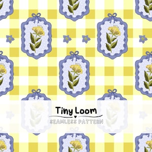 Può includere: Motivo floreale ripetuto con fiori gialli incorniciati su uno sfondo a scacchi giallo e bianco. Le cornici blu sono decorate con un motivo a pois e un fiocco. È presente anche il testo "Tiny Loom" e "Seamless Pattern".