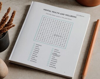 Psychische Gesundheit Wortsuchbund | Mindfulness Selbstfürsorge zum Ausdrucken | Sofortiger Download