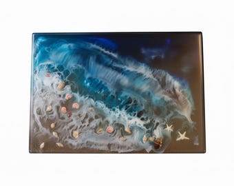 Ocean-Inspired Resin Tray with Handles – Handmade Beach Scene Art
