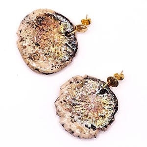 Può includere: Un paio di orecchini circolari caratterizzati da una superficie ruvida e irregolare con una finitura metallica iridescente nei toni dell'oro, del bronzo e del grigio scuro. Ogni orecchino è fissato a un piccolo perno in metallo dorato.