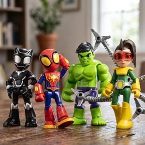 May include: Four stylised superhero action figures standing in a row. From left to right: a black and silver character, a red and blue spider-themed figure, a large green muscular character, and a figure in a green and yellow suit with mechanical arms.