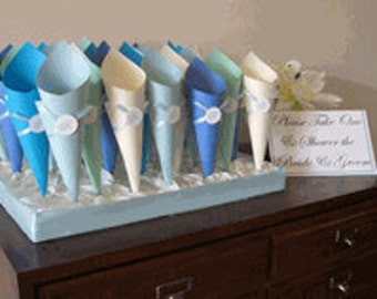 Monogrammed Wedding Paper Cones with ribbon wrap