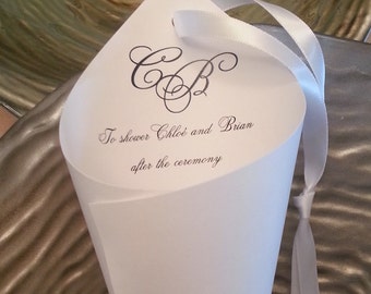 Scriped initals Hanging Cones,  White or Ivory Initial wedding petal cone with satin ribbon