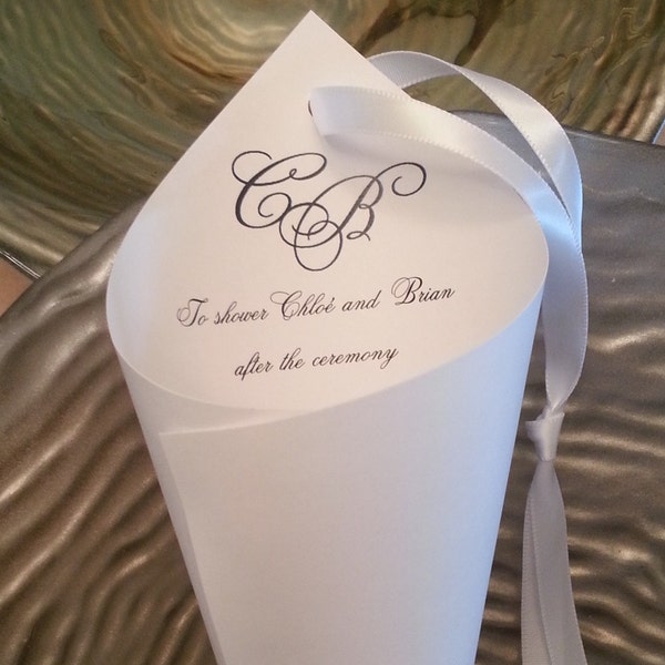 Scriped initals Hanging Cones,  White or Ivory Initial wedding petal cone with satin ribbon