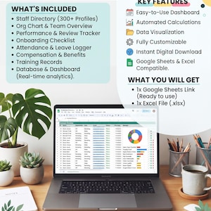 May include: An Employee Management System digital template for Google Sheets and Excel. The interface displays a staff directory with a pie chart and bar graphs. Text includes What's Included, Key Features, and What You Will Get for this download.