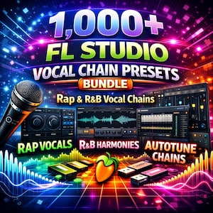 Puede incluir: Un gráfico digital vibrante que promociona un paquete de presets de cadenas vocales FL Studio. La imagen presenta un micrófono, equipos de audio e interfaces de software. El texto incluye "1,000+ FL Studio Vocal Chain Presets Bundle" y "Rap & R&B Vocal Chains."