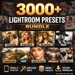 Peut inclure: Image promotionnelle pour un pack de presets Lightroom. Le texte "3000+ LIGHTROOM PRESETS BUNDLE" est en or. Des exemples d'images sont présentés, classés en catégories : Mariage, Portrait, Blogueur, N&B, Paysages, HDR, Retouche de peau, Dramatique et Essentiels.