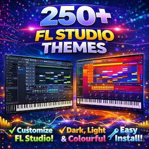 Peut inclure: Publicité pour des thèmes FL Studio. L'image présente deux écrans d'ordinateur affichant des interfaces de logiciels de production musicale avec des claviers virtuels. Le texte en haut indique "250+ FL STUDIO THEMES". En bas, le texte met en évidence la personnalisation, les thèmes sombres/clairs/colorés et l'installation facile.