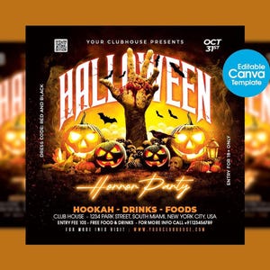 Plantilla de folleto para fiesta de Halloween, diseño editable en Canva, descarga digital.