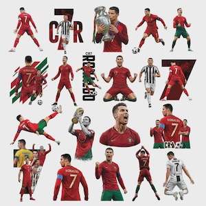 以下が含まれることがあります： クリスティアーノ・ロナウドの様々なサッカーのポーズを描いたデジタルイラスト集。赤と緑のポルトガル代表ユニフォームや白黒のストライプシャツを着用し、トロフィーを掲げる姿や「CR7」の文字が含まれています。