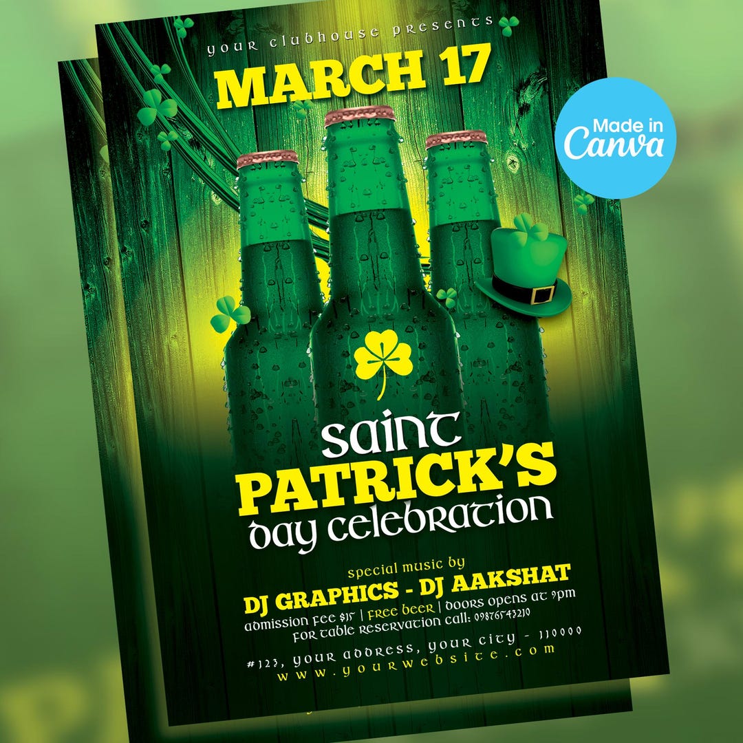 St Patricks Day Editable Canva Template, St Patrick Party Flyer, Night ...