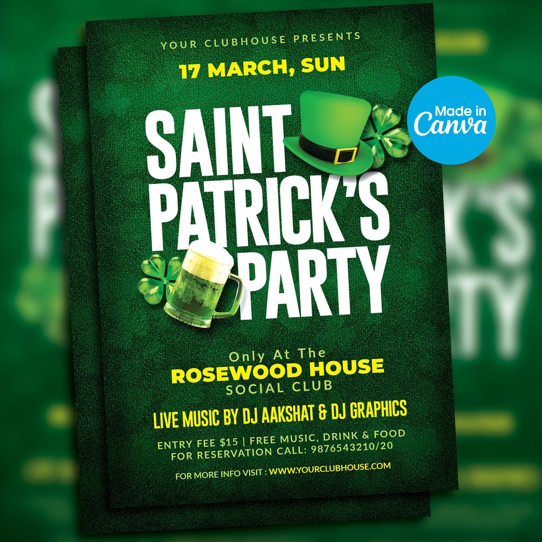 St Patricks Day Party Flyer Template: Editable Irish Lucky Charm ...