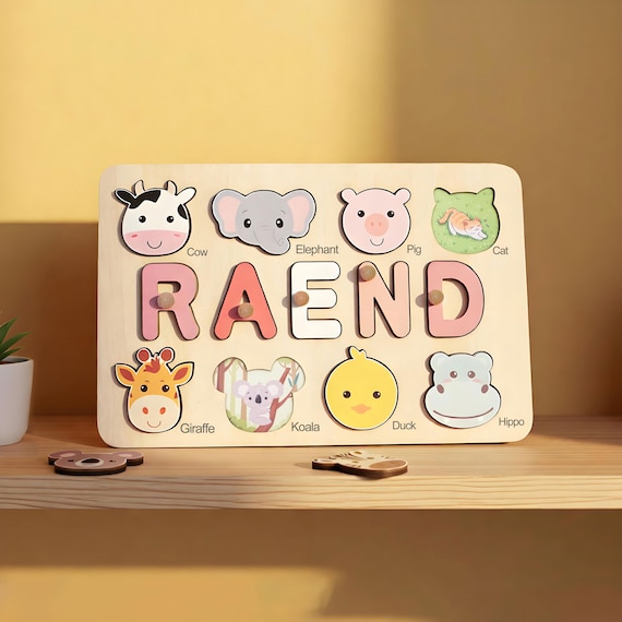 Personalized Animal - Themed Name Puzzle - Baby Name Puzzle - Early Montessori Toy - Baby Birthday Gift.