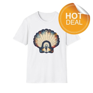 Koszulka z motywem wędrówki, muszla z motywem Camino de Santiago, akwarelowa koszulka podróżnicza, prezent pielgrzymkowy, koszulka z duchową podróżą, koszulka przygodowa