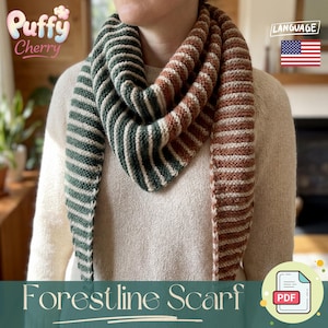 May include: A striped Forestline Scarf in shades of green, brown, and cream. The scarf is knit with a repeating pattern of stripes. The image also includes the text "Forestline Scarf" and the Puffy Cherry logo.