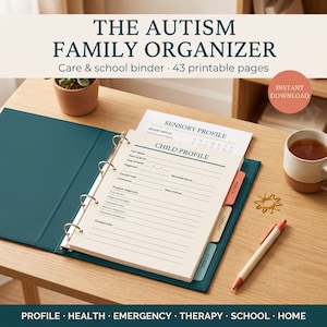 May include: A teal ring binder containing printable pages titled The Autism Family Organizer, Child Profile, and Sensory Profile. The binder includes tabbed dividers labeled Health, Therapy, and School, alongside a pen and a small sun-shaped clip.