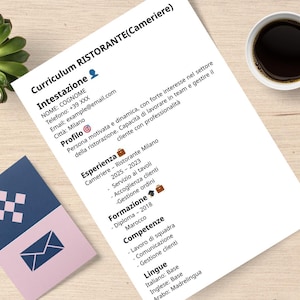 May include: A resume titled "Curriculum RISTORANTE (Cameriere)" in Italian, with personal details, experience, education, and skills. A cup of coffee sits to the right. A blue and pink envelope is in the lower left.