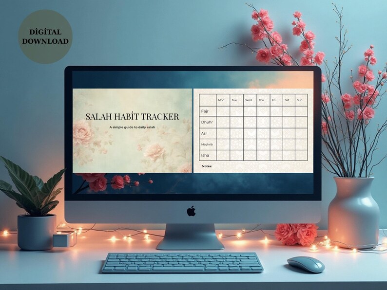 May include: A computer monitor displays a "Salah Habit Tracker" digital download. The screen shows a floral design with a daily prayer schedule. A keyboard, mouse, and decorative flowers are in the foreground. The words "Digital Download" are in the upper left corner.