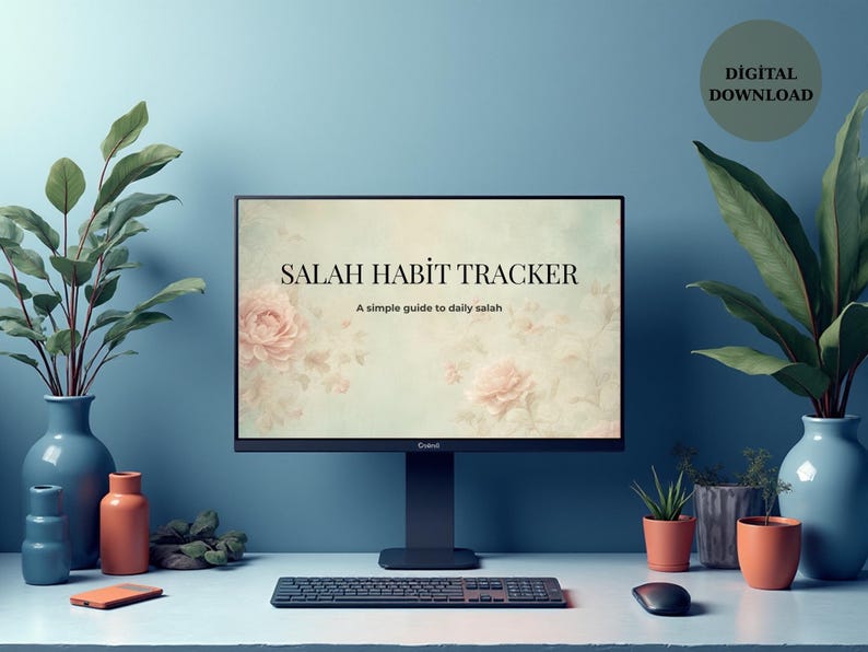 May include: A computer monitor displays a "Salah Habit Tracker" with floral accents. The scene includes plants in blue vases, a keyboard, mouse, and a digital download icon, all set against a blue backdrop. A simple guide to daily salah.
