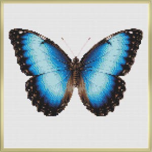 May include: A framed cross-stitch of a butterfly with blue and black wings. The butterfly's wings have a gradient of light to dark blue, with black edges and a brown body. The frame is gold.