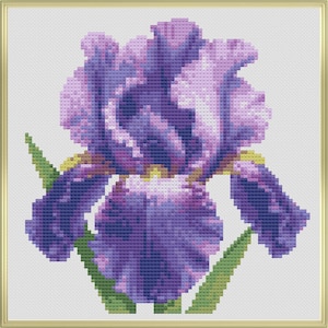 Korsstygnsmönster i sammet med iris i PDF-format, miniblommigt broderidesign, enkelt modernt nålstygnsdiagram