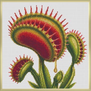 May include: A cross-stitch pattern featuring a Venus flytrap plant with three distinct traps. The traps are vibrant green with deep red interiors and sharp, spiky red cilia along the edges. A single golden droplet hangs from the largest trap.