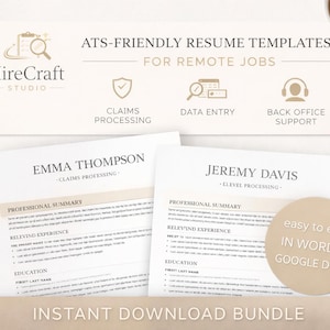Può includere: Un pacchetto di modelli di curriculum vitae con il testo "ATS-FRIENDLY RESUME TEMPLATES FOR REMOTE JOBS". I modelli sono per l'elaborazione dei reclami, l'inserimento dati e il supporto back office. L'immagine include una tazza di caffè, una penna e le parole "easy to edit IN WORD & GOOGLE DOCS".