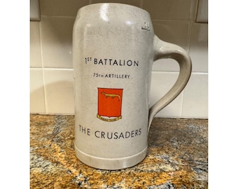 Vintage 75th Artillery Battalion “Crusaders” Stoneware Beer Stein | Military Unit Mug | WWII Era Army Collectible