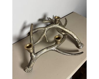 Rustic Antler Candle Holder Centerpiece | Pottery Barn–Style Lodge Decor | Cast Metal Silver Antler Candelabra