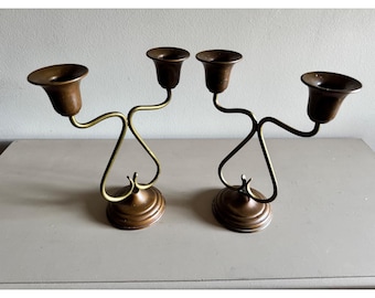 Vintage Mid Century Modern Brass & Copper Sculptural Candleholders | Atomic MCM | Pair | Made in Mexico