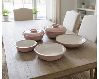 Vintage Heath Ceramics Sausalito Blush Pink Set | Mid Century Modern California Pottery | Lidded Casseroles & Serving Bowls