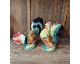 Vintage Royal Copley Rooster Planter Set, Mid Century Farmhouse Kitchen Decor, 1950s Ceramic Roosters Made in USA