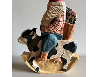 Hand Carved Wooden Santa Figurine | James Haddon Signed Folk Art | Santa Riding Cow | Americana Christmas Decor | Rustic Holiday Sculpture