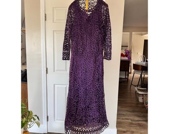 Vintage Soulmates Hand-Crocheted Silk Dress & Jacket Set, 1990s Purple Crochet Evening Gown, Artisan Crochet Formal Dress, Size L XL