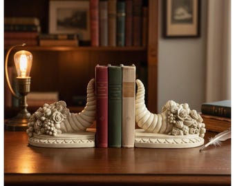 Vintage Cornucopia Bookends | Horn of Plenty Harvest Decor | Heavy Resin Bookends | Fall Thanksgiving Decor | French Country Style