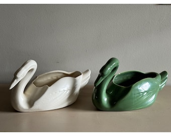 Vintage Bauer Swan Planters Pair | Mid-Century Modern Pottery | Green & White | 1940s–1950s
