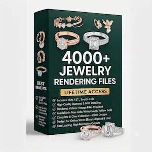 May include: A dark green rectangular box featuring the text 4000+ JEWELRY RENDERING FILES and LIFETIME ACCESS. The box displays various gold and diamond ring, bracelet, and earring designs, along with a list of features including 3DM and STL source files.