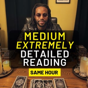 May include: A man in glasses and a leather jacket sits at a table with tarot cards and lit candles. The image text reads "MEDIUM EXTREMELY DETAILED READING SAME HOUR". The scene suggests a psychic or tarot reading service.