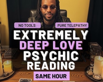 May include: A man wearing glasses and a leather jacket is seated at a wooden table. The text on the image reads "EXTREMELY DEEP LOVE PSYCHIC READING" and "SAME HOUR". Tarot cards and lit candles are on the table.