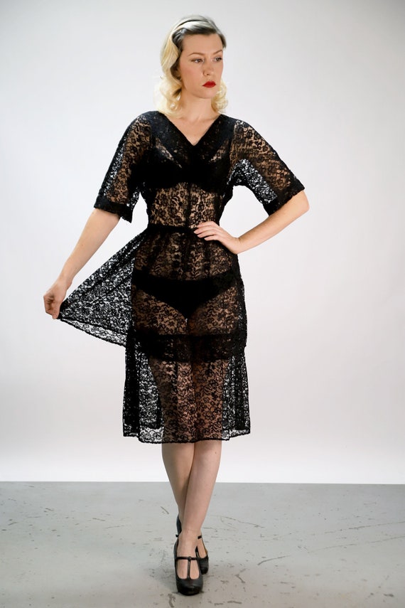 Vintage 1940s Sheer Black Lace Dress with Layered